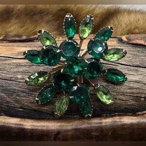Green Brooch Prong Set Stones Layered Riveted Construction Gold Tone Base